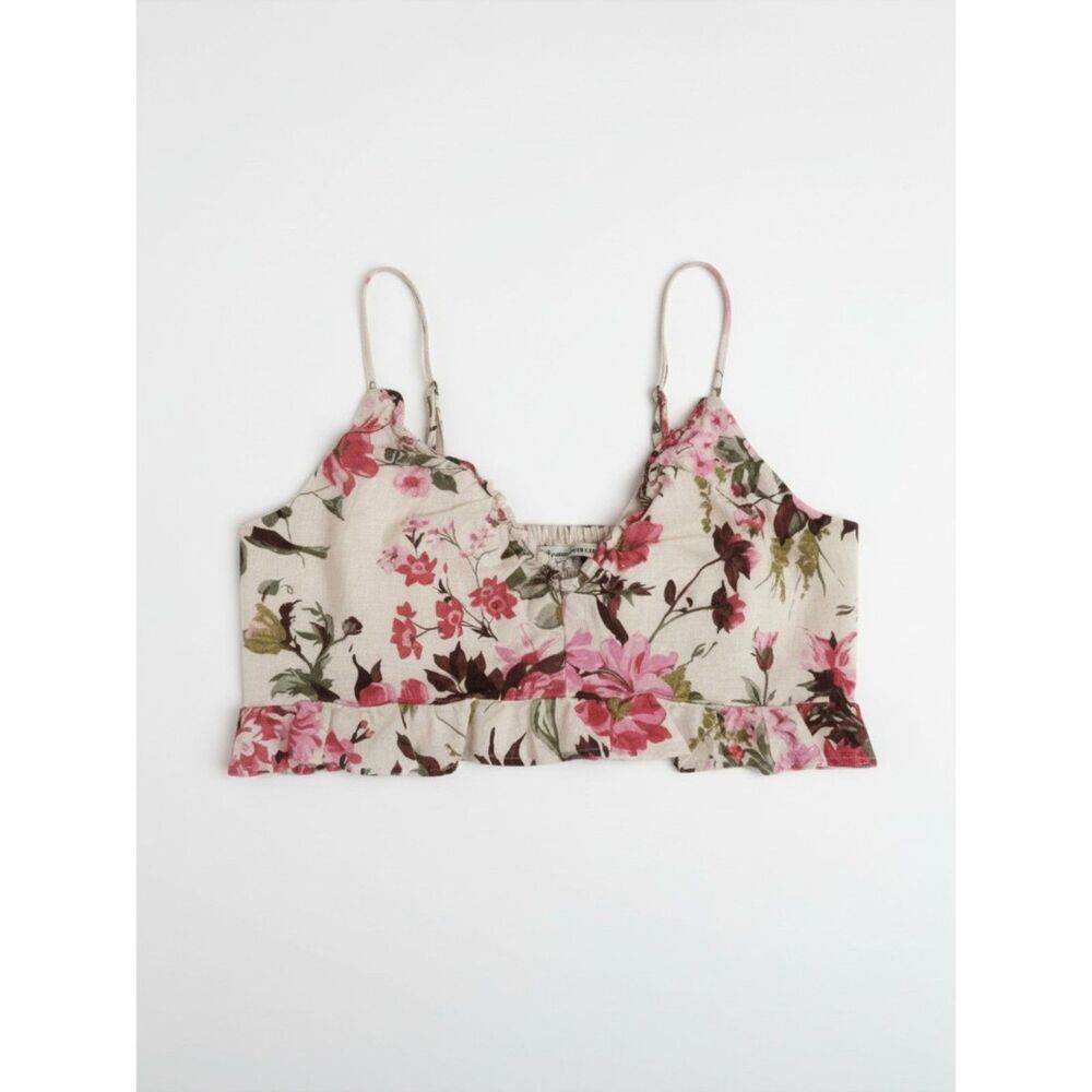Abercrombie Floral Linen Blend Smocked Ruffle Crop Top Bralette Cami Large L